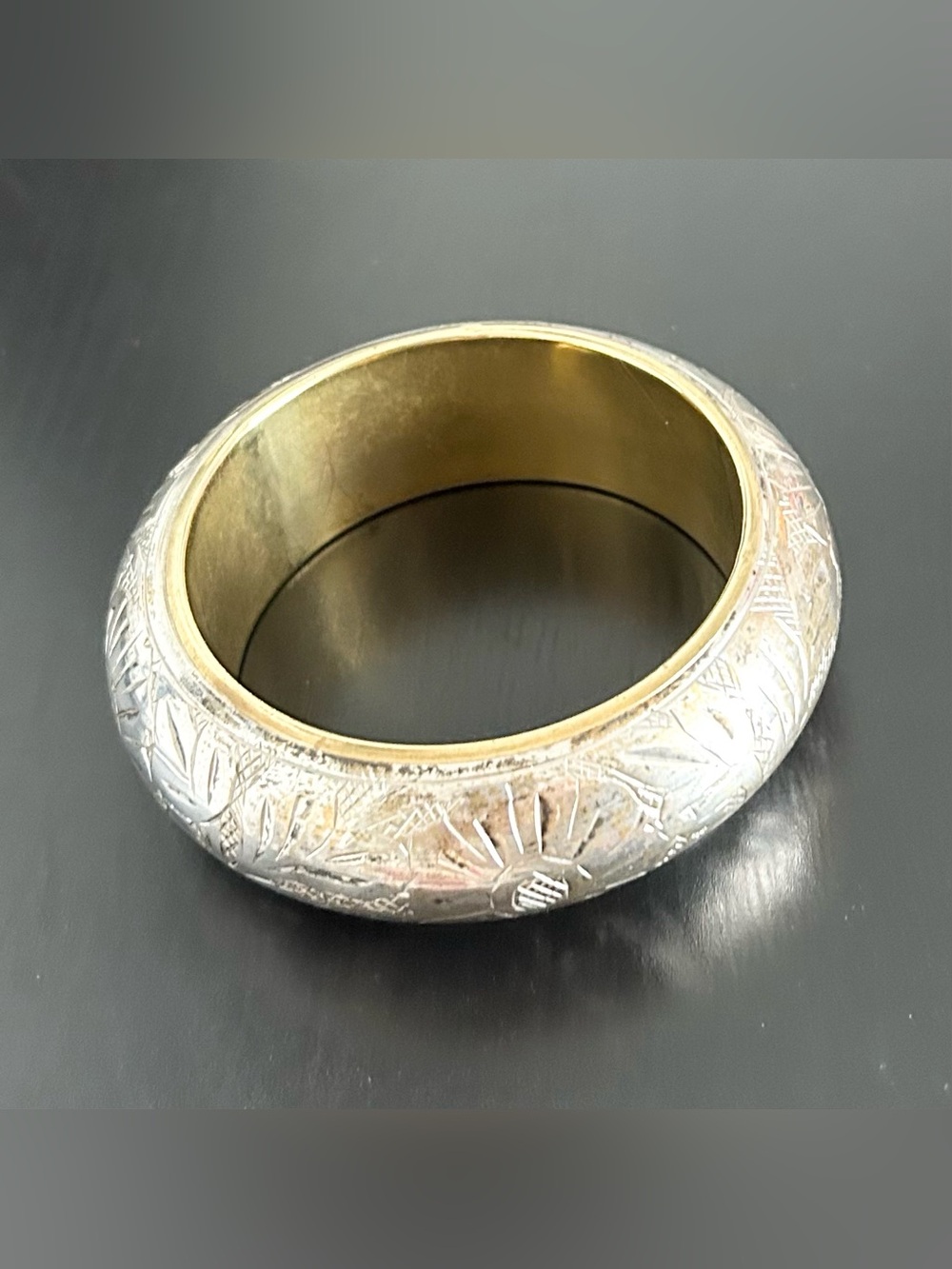 1970s Vintage Classic Engraved Silver-Tone Bangle Bracelet with Brass Interior